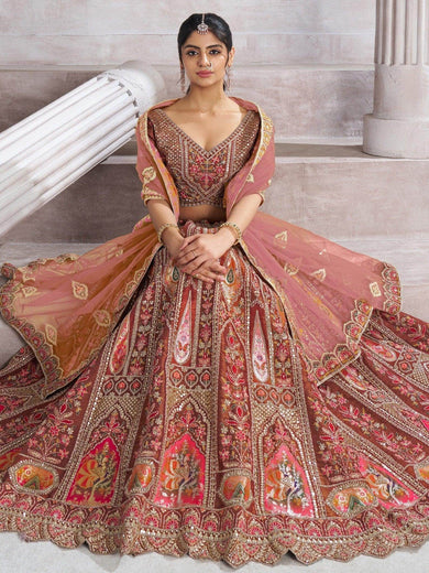 Fabulous Brown Aari Work Banarasi Silk Wedding Wear Lehenga Choli - Ethnic Plus In